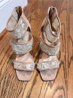 Charles David Beige Embroidered Strappy Heels